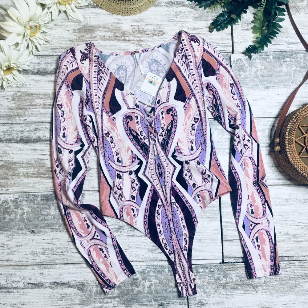Free People Paisley Pink Purple Hues Long Sleeve Bodysuit Blouse NWT